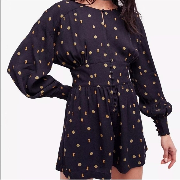 Free People Black and Gold Patterned Romper Size XS - Picture 4 of 15